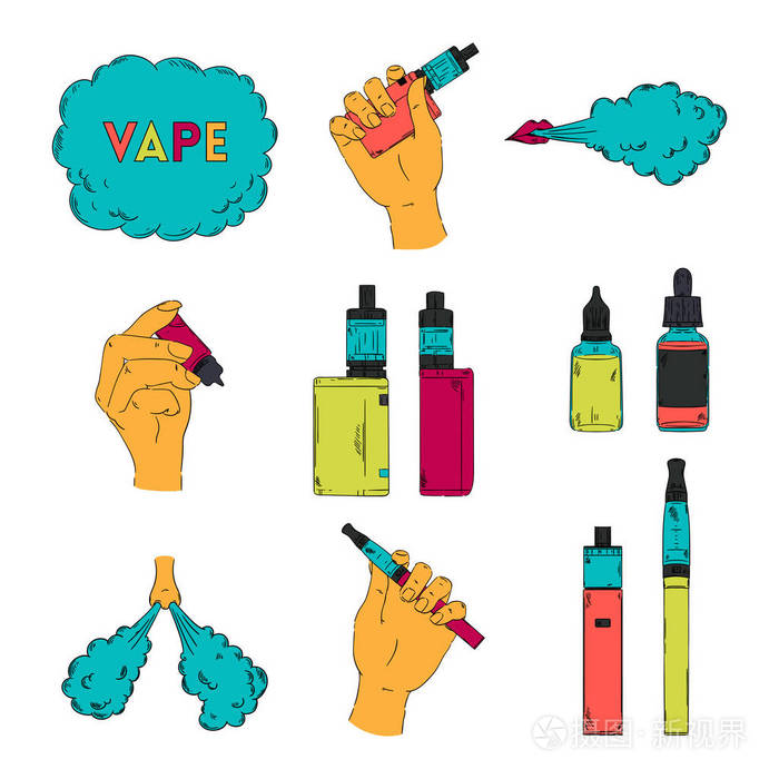 电子烟液和蒸汽云. 录像带收藏. 孤立的元素. 矢量插图