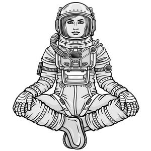 女宇航员坐在佛陀姿势上的动画人物。 在太空中冥想。 单色绘图。 在白色背景上隔离的矢量插图。 打印海报T恤卡。