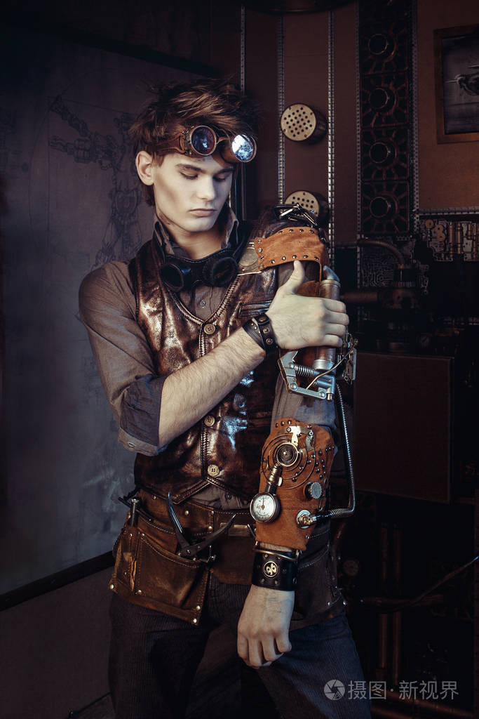 一个年轻的蒸汽朋克男人戴着mechanica眼镜的画像