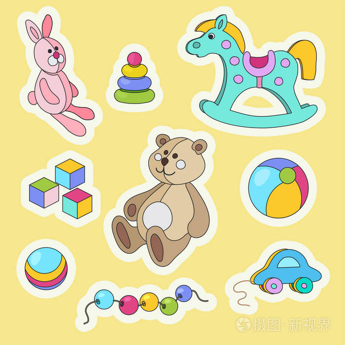 儿童玩具卡通彩色贴纸套装插画-正版商用图片11b84l-摄图新视界