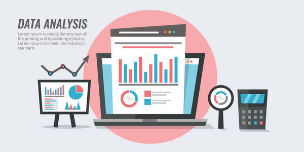 商业数据大数据分析市场研究数据科学网络数据信息技术概念。 平面设计矢量横幅。
