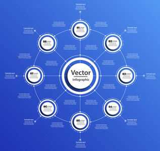 蓝色BackGraund上的信息设计模板可用于工作流布局图编号选项Web设计。 信息业务概念与8个选项部分步骤。 向量EPS10