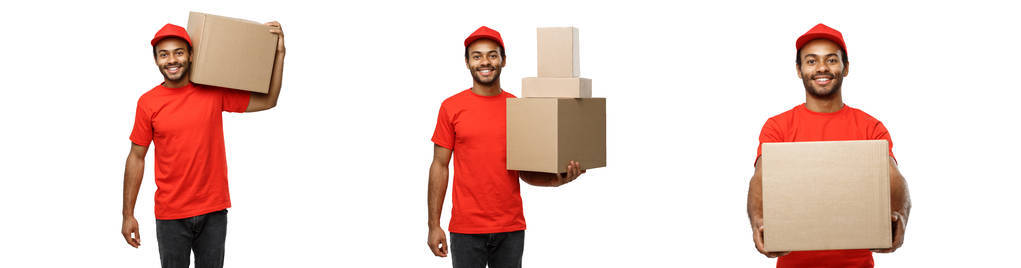 交付概念一套美国快乐的非裔美国人送货人在红色的布拿着一个盒子包。被隔离在白色演播室背景。复制空间