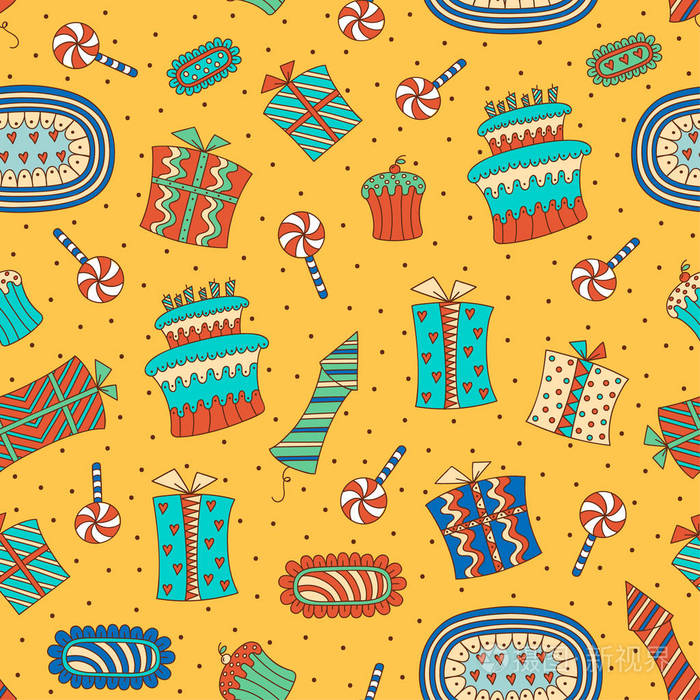 手绘涂鸦无缝生日图案生日糖果盒的礼物烟花棒棒糖和生日蛋糕该图案