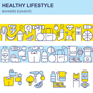 运动和健康的生活方式信息图形与不同的运动和健身，食物元素排列在一个圆圈。细线平纹设计，隔离矢量剪贴画..