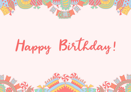 生日卡模板的涂鸦风格。生日糖果，礼品盒，花环和气球，烟火，生日派上的蜡烛。