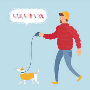 穿着冬装的帅哥和他的狗一起散步。矢量插图适合装饰卡片，邀请，也适合你的网站或博客
