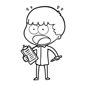 卡通片震惊男子与剪贴板和笔坐着的商人和商人讨论工作过程,连续画线