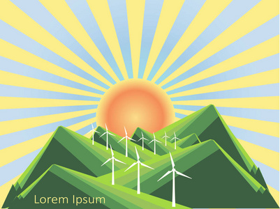 背景与山地景观下面的蓝色风力发电厂罗伦普苏姆。 青山山谷蓝天黄日升。 现代平面设计设计元素