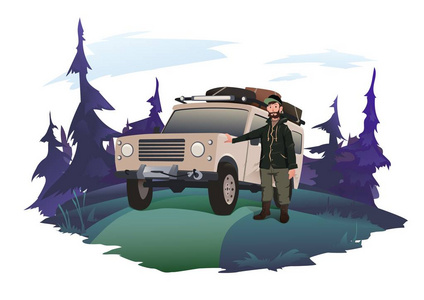 男子司机站在越野车旁边的一条森林道路上。Jeeping 会徽。乘越野汽车旅行。矢量隔离插图