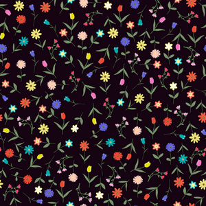 缝手绘制的花卉图案隔离在黑暗背景矢量插图。 许多随机的花，许多颜色。 早春的花。