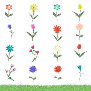 一组在白色背景上分离的花的许多变化与草样本矢量插图。 快乐可爱的手画着爱。