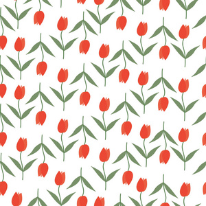 手绘郁金香花卉无缝平面设计图案矢量插图。 初春和夏季红色郁金香花。