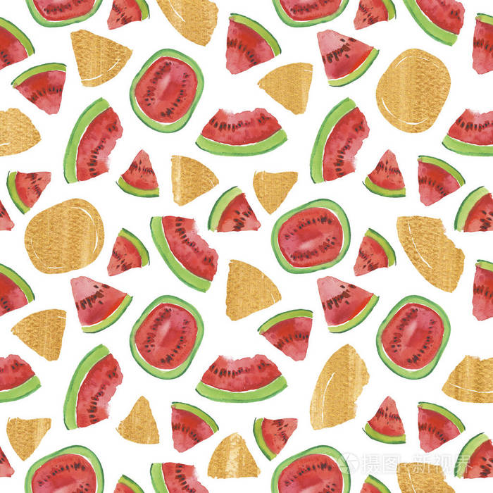 水彩西瓜无缝图案. 手绘纹理与夏季水果白色背景.