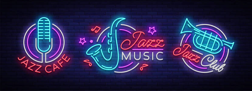 爵士音乐集霓虹灯标志。象征, 在霓虹风格的标志, 明亮的夜旗帜, 在爵士乐咖啡馆, 餐厅, 聚会, 音乐会的爵士音乐发光广告。矢