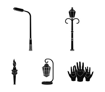 灯柱的复古风格, 现代灯笼, 火炬等类型的路灯。灯柱集合图标黑色风格矢量符号股票插图网站