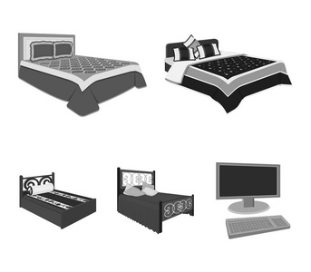 不同的床在集合中的单色图标设计。用于睡眠矢量等距符号的家具 web 插图