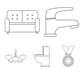 起重机, 沙发, 卫生间, 吊灯。家具集合图标在大纲样式矢量符号股票插画网站