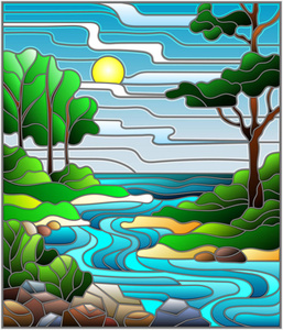 彩色玻璃风格景观的插图, 在背景的天空和太阳的绿色银行的背景蜿蜒河