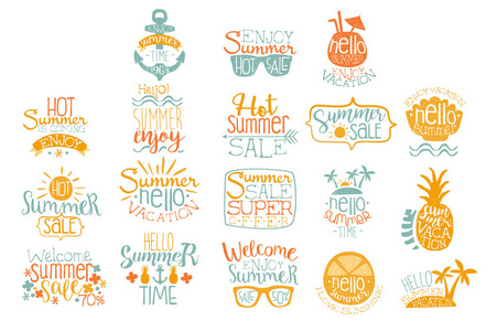 夏季书法标志设计手工绘制元素。海滩度假和热销的概念。带有鸡尾酒热带岛屿太阳镜的刻字。矢量集