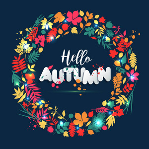 文字秋天在纸样式在多彩的背景与秋天叶子。手工绘制的垃圾印迹元素。秋季促销风格