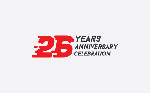 26年周年纪念标志型矢量插图，红色飞溅号码隔离白色背景