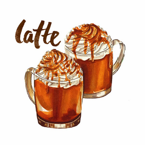 水彩的咖啡拿铁手绘水彩焦糖拿铁咖啡.sketcth 插图照片