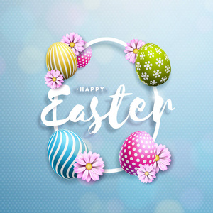 矢量插图的复活节快乐假期与彩绘鸡蛋和花卉在干净的背景。国际庆典设计, 配有贺卡聚会请柬或促销横幅的版式
