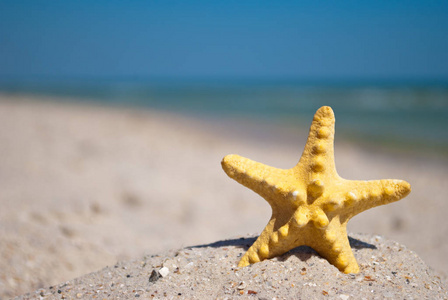 美丽的明亮的明亮的明亮的黄色的海星海居在黄沙上，在蔚蓝的大海和白浪的蓝天上，暑假，夏日，炎热的海滩上