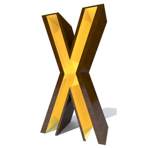 概念木材或木制棕色字体或类型与黄金或黄金金属细节隔离在白色背景。 导出光滑表面字母x三维插图