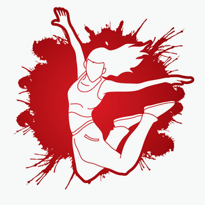 街头舞蹈男孩子舞蹈嘻哈舞蹈动作设计在溅血背景图形矢量