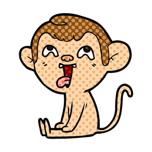 坐着的卡通猴子的矢量插图，显示舌头孤立在白色上