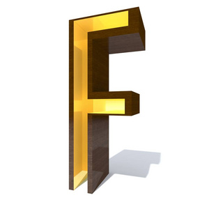 概念木材或木制棕色字体或类型与黄金或黄金金属细节隔离在白色背景。 导出光滑表面字母f3D插图
