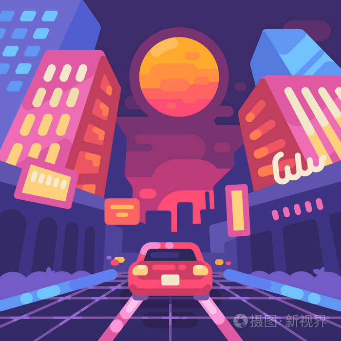 夜霓虹城街二十世纪八十年代风格平图 新的复古浪潮背景 Synthwave 音乐复古未来的网络景观插画 正版商用图片11cs25 摄图新视界