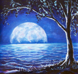 蓝色的夜空，大海，油画，背景上的深色树，大的发光的月亮，反射海波，幻想艺术插图，书籍