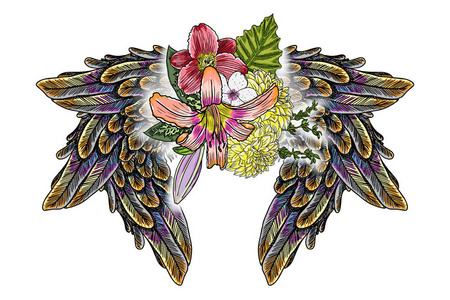 美丽的插图与百合玫瑰和洋甘菊花鸟翅膀在黑色纹身闪光风格手绘概念。 华丽的造型天使翅膀和优雅的复古花卉。 矢量。