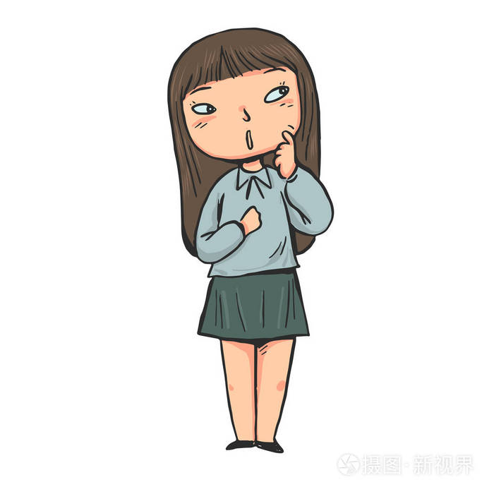 手绘女孩正在思考全长肖像. 白色背景矢量插图