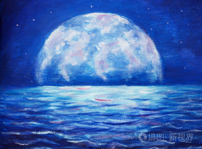 油画大的发光的月亮反射海波艺术作品