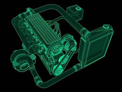 涡轮增压四缸, 高性能发动机的跑车。绿色霓虹灯发光图在黑色背景。3d 渲染