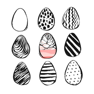 手绘矢量抽象复活节刷绘鸡蛋集与花卉主题在黑白相间的颜色隔离。复活节春季装饰背景。复活节设计元素。蛋狩猎概念