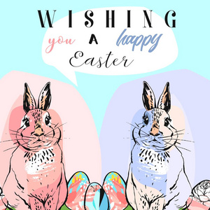 兔子，兔子，鸡蛋和横幅彩色复活节快乐贺卡