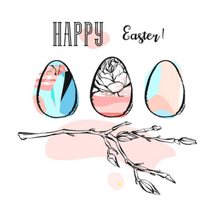 手绘矢量抽象创意快乐复活节问候插图与花早午餐和抽象刷画鸡蛋在白色背景下的粉彩颜色隔离。复活节环球装饰艺术