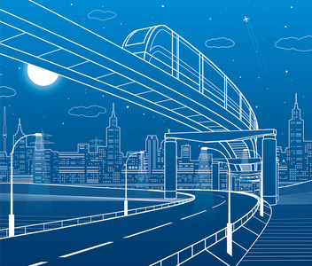 单轨铁路。 照明公路。 运输插图。 天际线现代城市的背景。 夜景。 蓝色背景上的白色线条。 矢量设计艺术