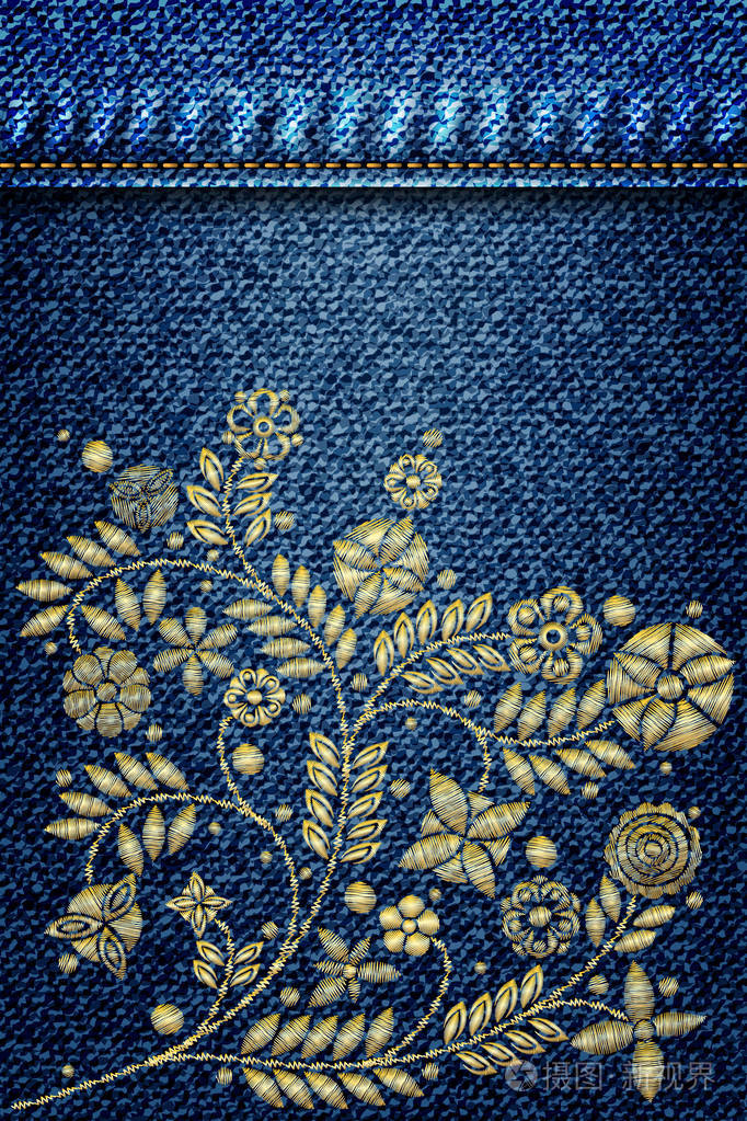 蓝色牛仔布纹理背景上的花. 牛仔裤图案. 深蓝色牛仔裤布. 矢量.