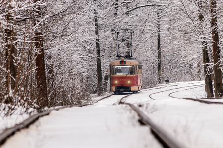 一辆旧电车在冬季森林中穿行