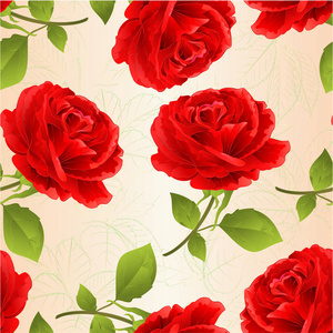 无缝质地花红色玫瑰在自然背景树枝与叶子，复古矢量插图可编辑手绘