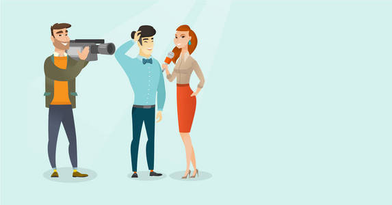 电视访谈矢量卡通插画卡通职业人物电视主持人访谈青年家庭卡通人物