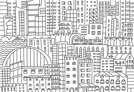 大城市背景纹理摩天大楼素描建筑线骨架笔画现代建筑景观。手绘矢量股票插画