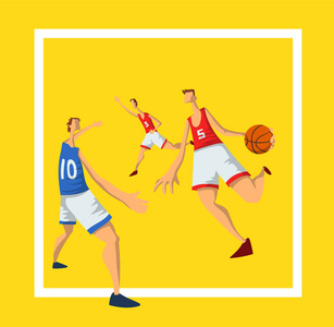 篮球运动员以抽象的扁平风格。男人在玩篮球球。体育海报模板。矢量插图, 在白色背景下隔离