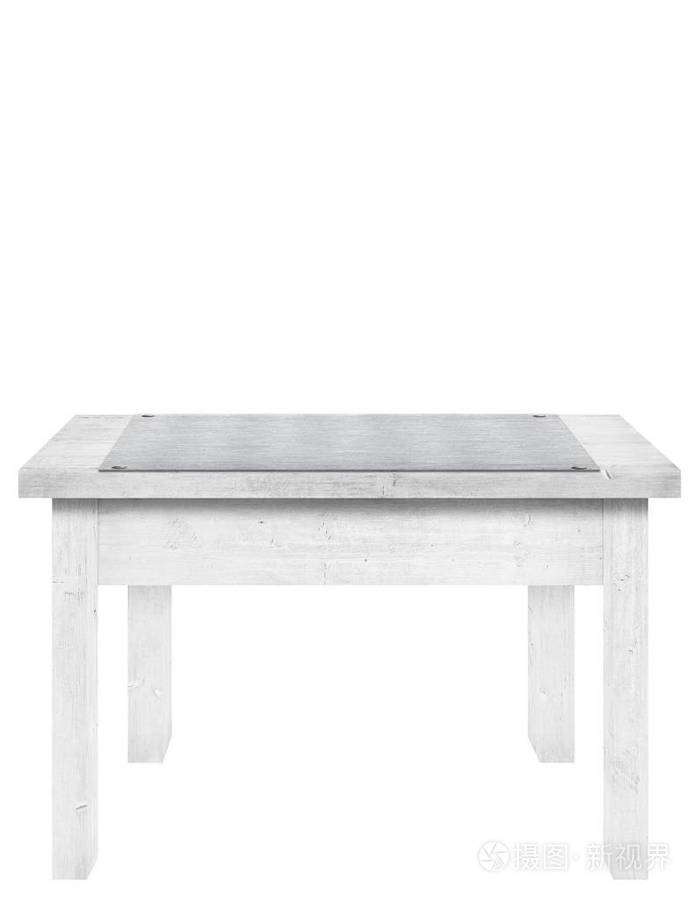 木桌上的金属, 铝板在顶部是孤立的白色背景, 用于显示您的对象